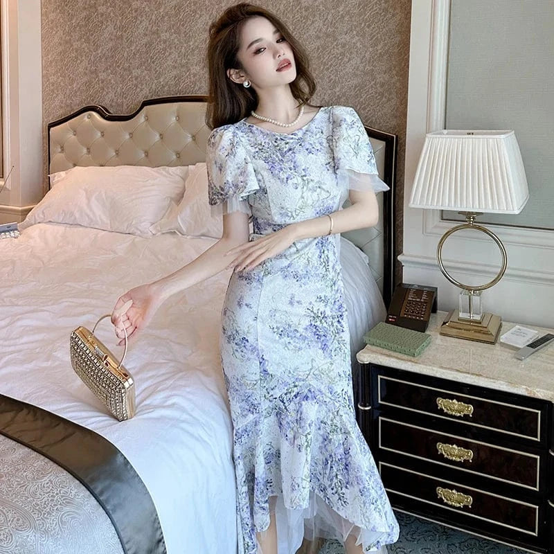 ZYHT 50312 2024 Purple Floral Print Ruffled Hem Irregular Fishtail One-piece Dress Temperament Bell Sleeve Casual Fairy Dresses