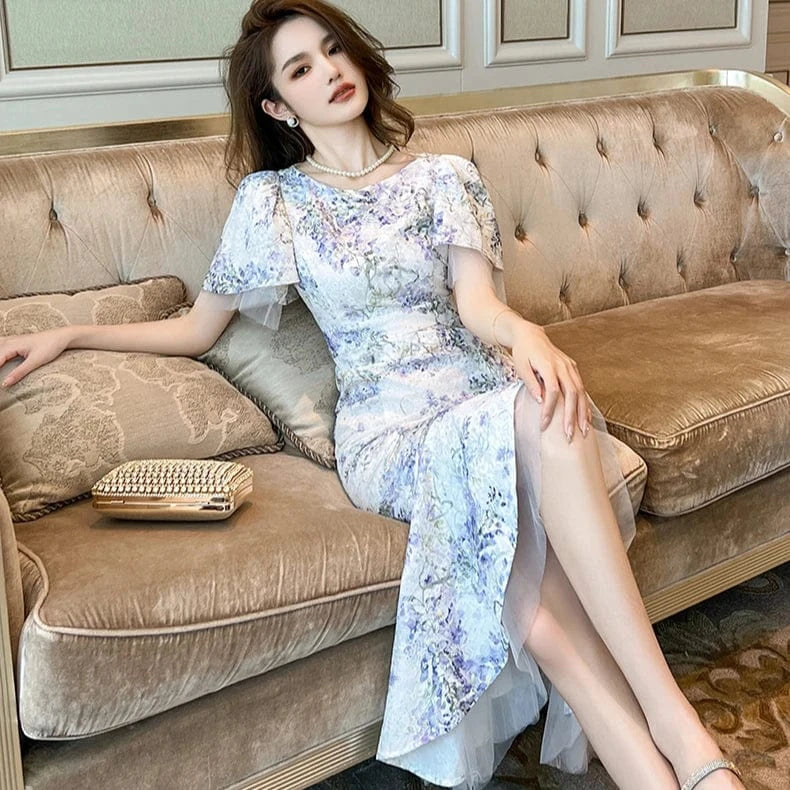 ZYHT 50312 2024 Purple Floral Print Ruffled Hem Irregular Fishtail One-piece Dress Temperament Bell Sleeve Casual Fairy Dresses