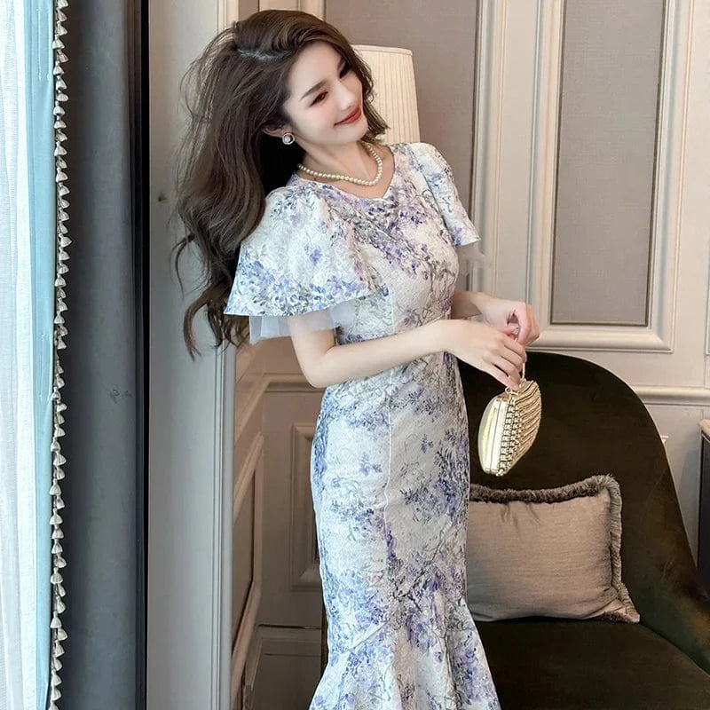 ZYHT 50312 2024 Purple Floral Print Ruffled Hem Irregular Fishtail One-piece Dress Temperament Bell Sleeve Casual Fairy Dresses