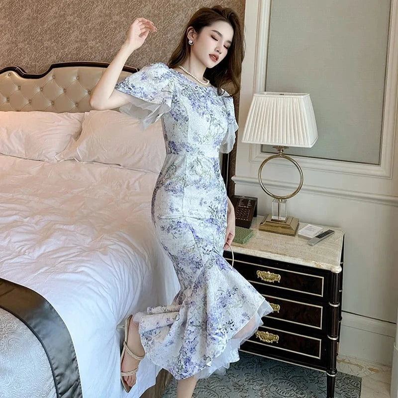 ZYHT 50312 2024 Purple Floral Print Ruffled Hem Irregular Fishtail One-piece Dress Temperament Bell Sleeve Casual Fairy Dresses