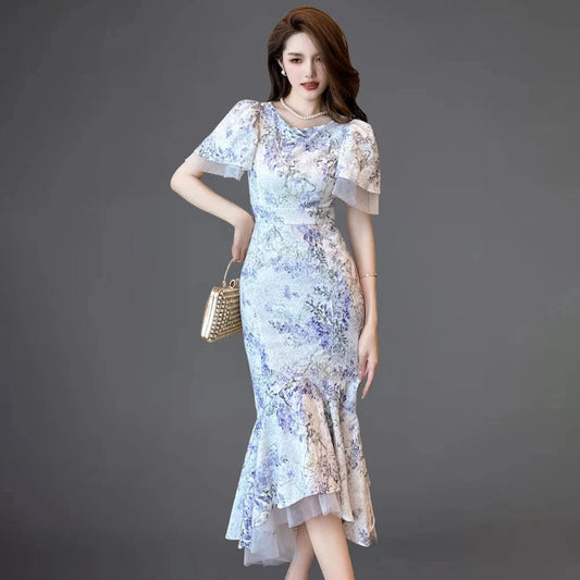 ZYHT 50312 2024 Purple Floral Print Ruffled Hem Irregular Fishtail One-piece Dress Temperament Bell Sleeve Casual Fairy Dresses