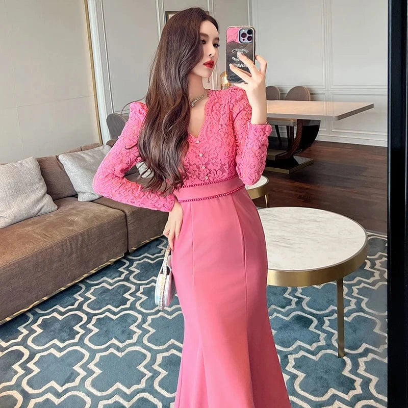 ZYHT 50612 In Stock Lady Floral Embroidery Stitching Fishtail Dress Beading Waist Decor V Neck Flared Dress