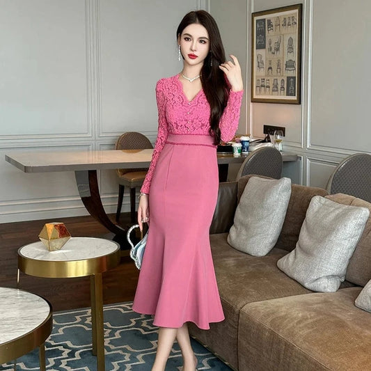 ZYHT 50612 In Stock Lady Floral Embroidery Stitching Fishtail Dress Beading Waist Decor V Neck Flared Dress