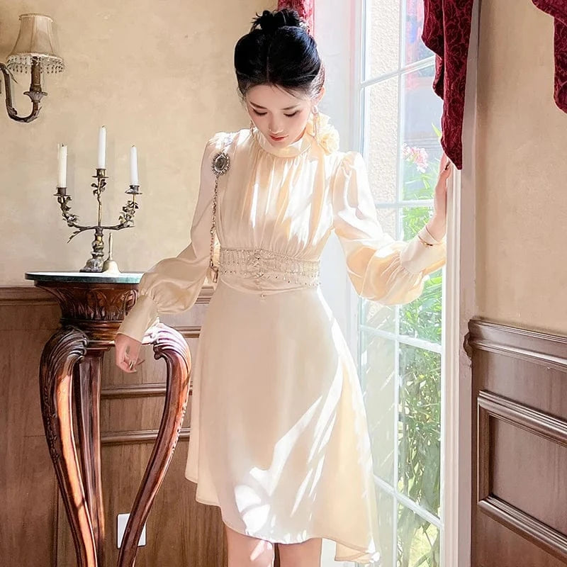 ZYHT 50615 2024 Spring 3D Rose Decor Lantern Sleeve Asymmetrical Dress Diamond Beading Short Satin Dresses