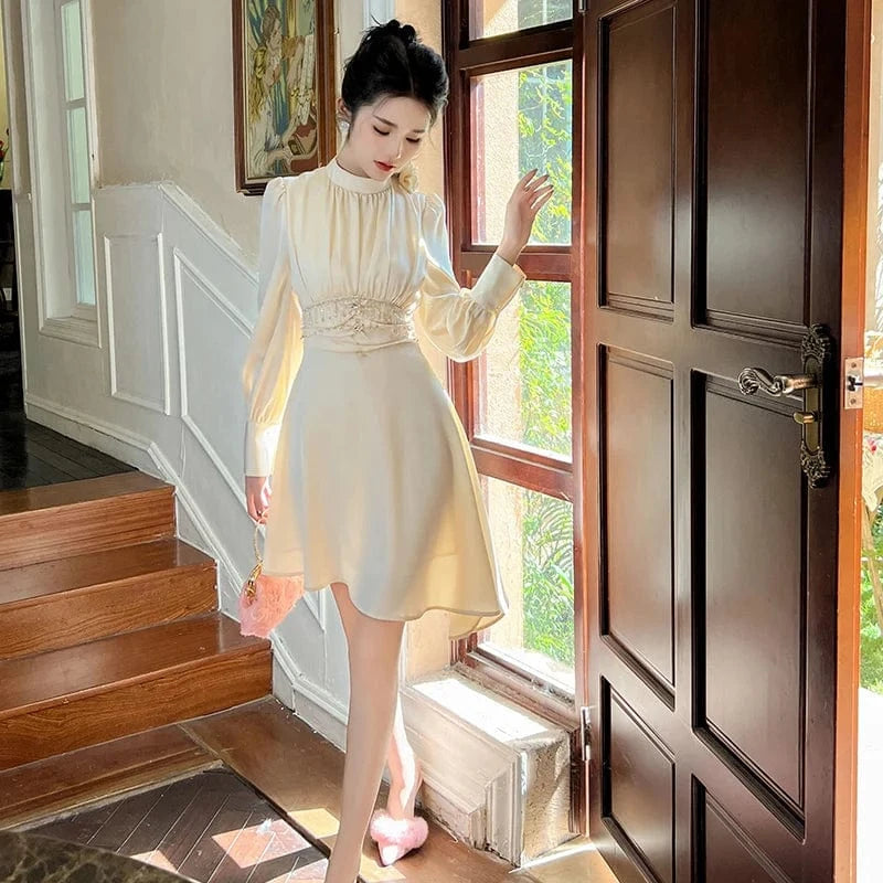 ZYHT 50615 2024 Spring 3D Rose Decor Lantern Sleeve Asymmetrical Dress Diamond Beading Short Satin Dresses