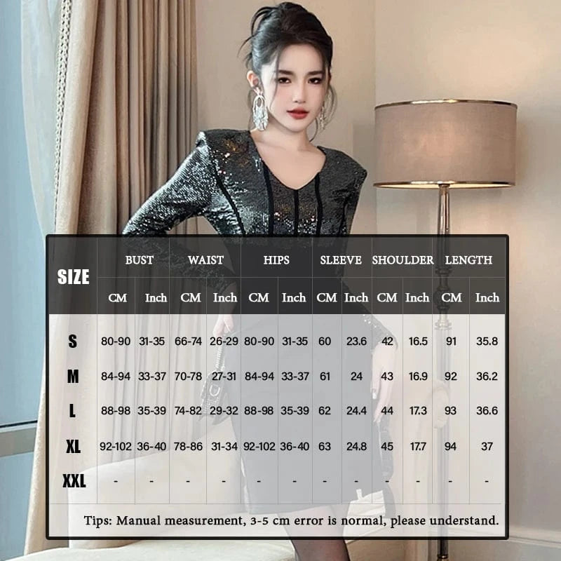 ZYHT 50656 New 2024 Sexy Women Mini Patchwork Sequin Long Sleeve V Neck Tight Fit Spandex Pencil Dresses