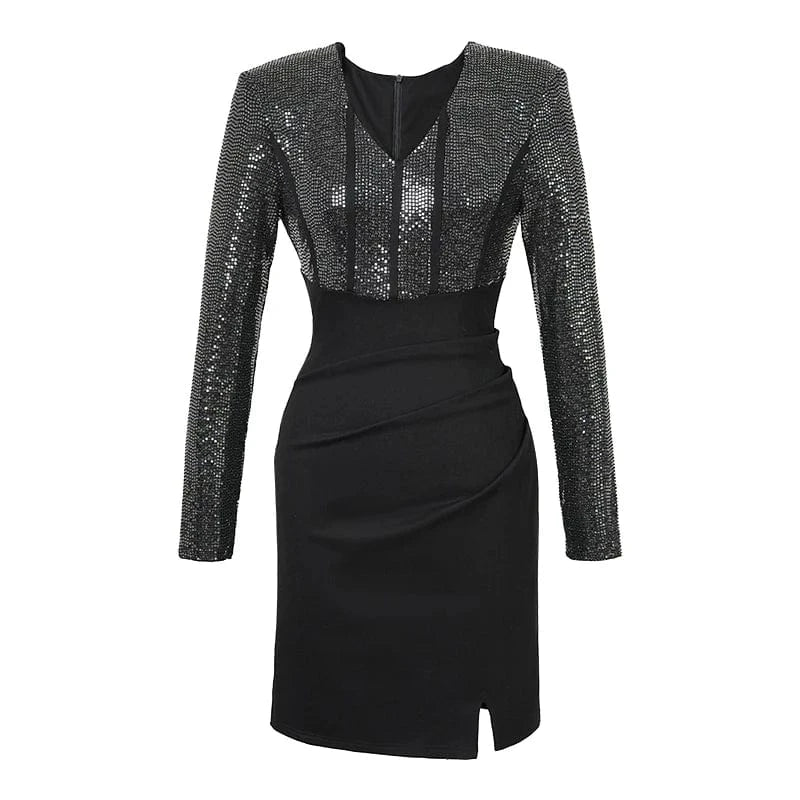 ZYHT 50656 New 2024 Sexy Women Mini Patchwork Sequin Long Sleeve V Neck Tight Fit Spandex Pencil Dresses