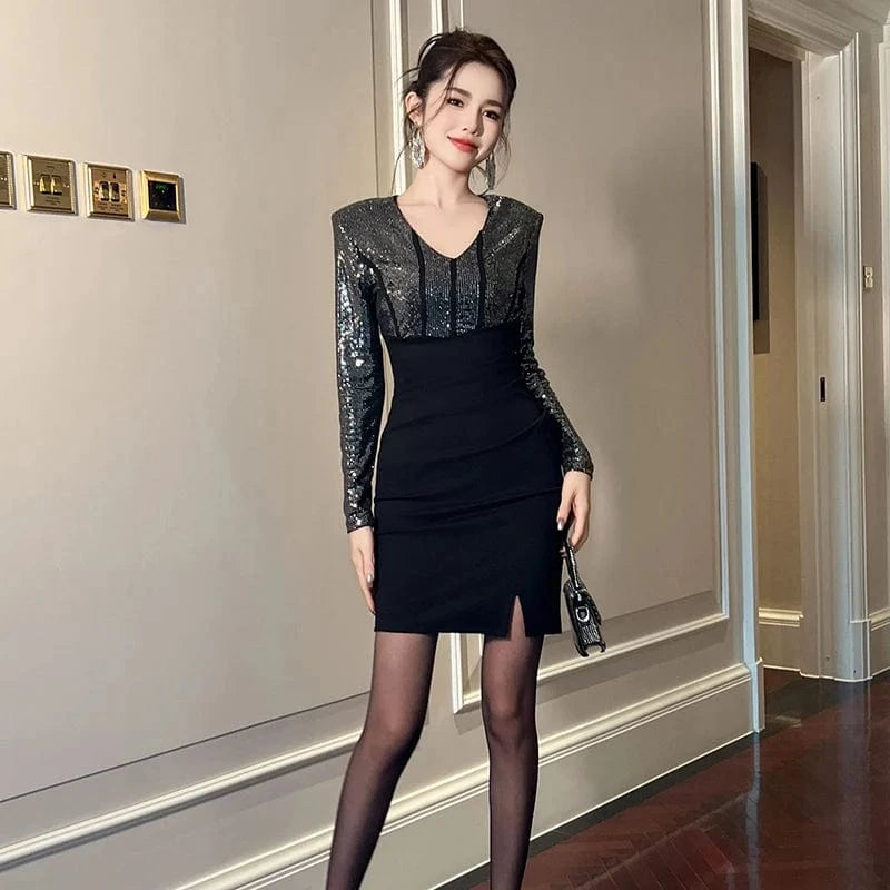 ZYHT 50656 New 2024 Sexy Women Mini Patchwork Sequin Long Sleeve V Neck Tight Fit Spandex Pencil Dresses