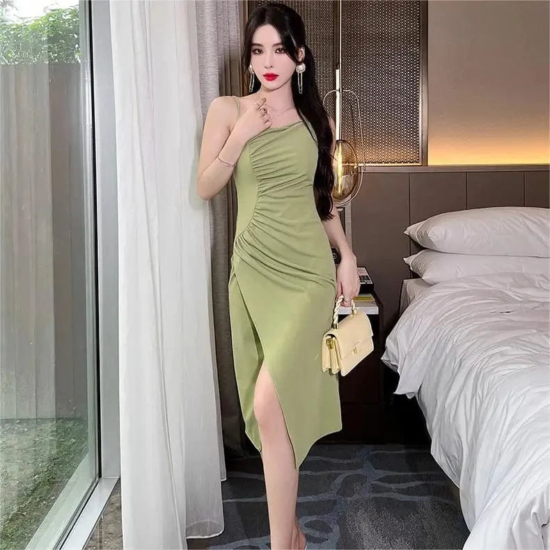 ZYHT 9472 2024 Summer Pure Color Sexy Sleeveless Midi Dress Fashionable Spaghetti Strap Casual Dress for Women