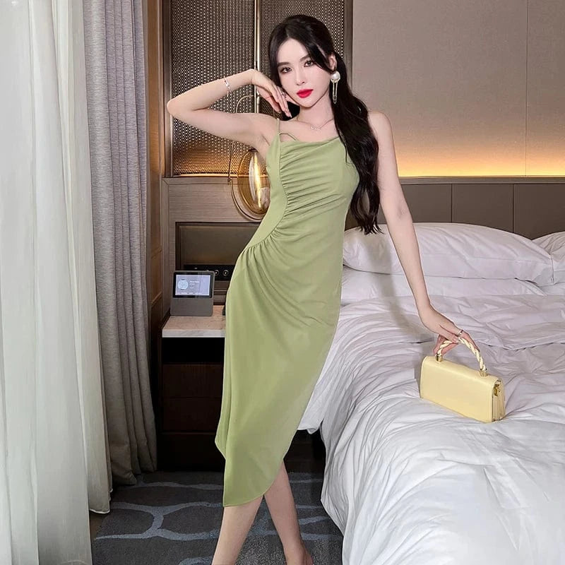 ZYHT 9472 2024 Summer Pure Color Sexy Sleeveless Midi Dress Fashionable Spaghetti Strap Casual Dress for Women