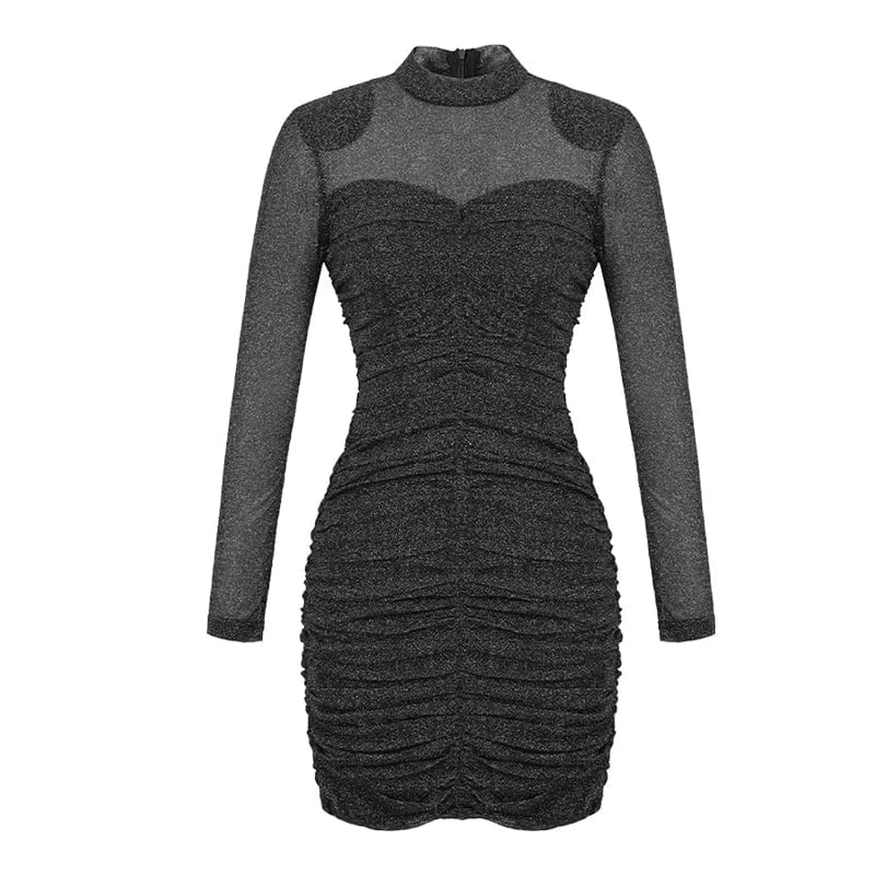 ZYHT 9602 Women Celebrity Evening Night Club Party Mesh Ruffle Dress Stand Collar Perspective Shining Dress