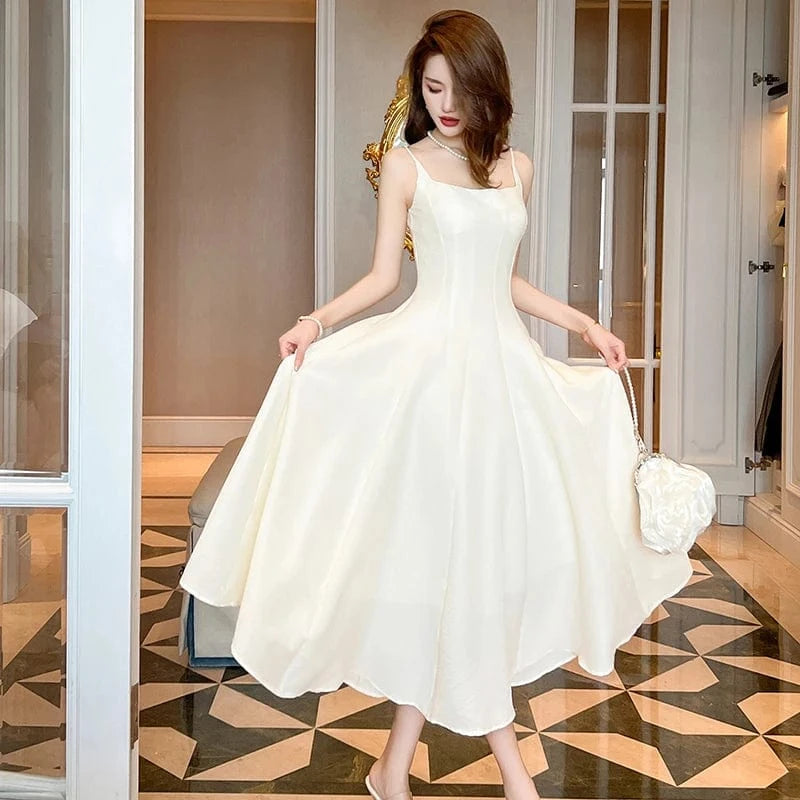 ZYHT 9647 Elegant White Suspend Sun Dresses Women Party Club Wedding Rom A Line Evening Midi Dress