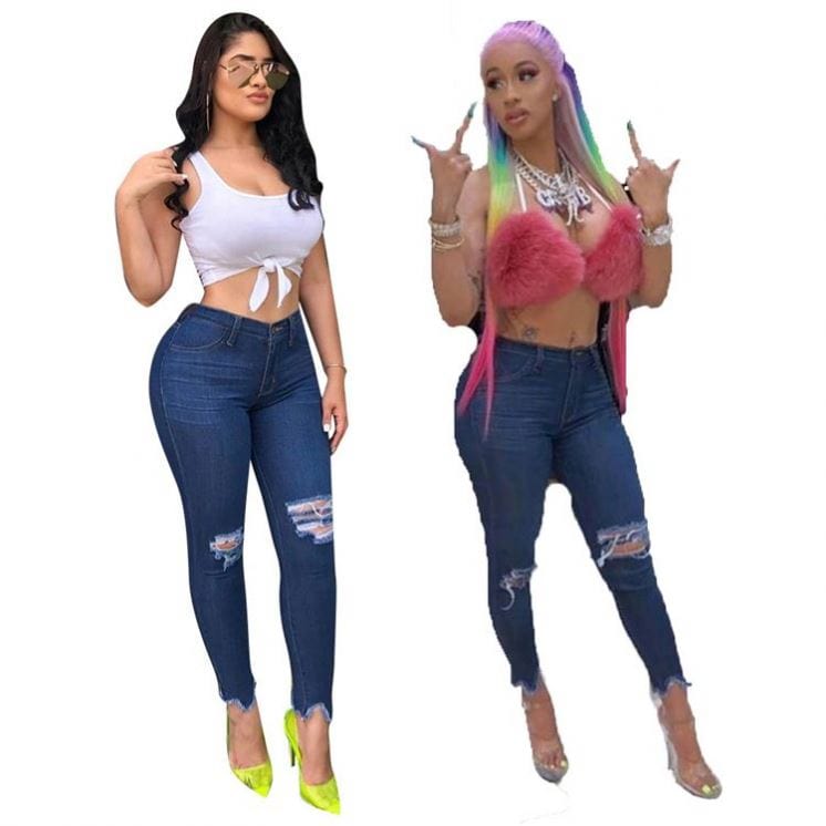 09927NA new stylish dark blue washed ripped hole street style autumn mid waist skinny pants jeans for women