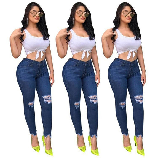 09927NA new stylish dark blue washed ripped hole street style autumn mid waist skinny pants jeans for women