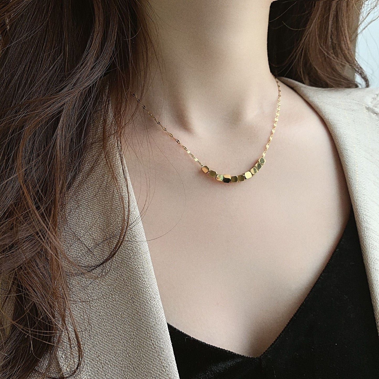 1 Hot Selling Stainless Steel Necklace Square Beaded Gold Plated Necklace Jewelry Woman Wholesale