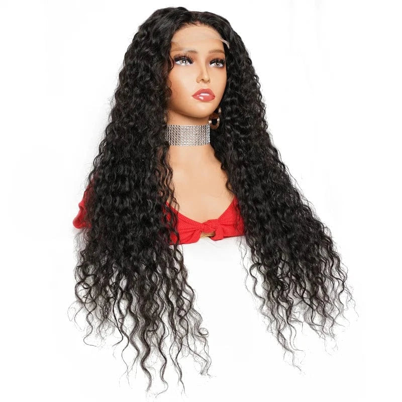 10 14 16 20 30 Inch Waterwave Curly Half Transparent Glueless 4*4 Frontal 4x4 Lace Front HD Human Hair Water Wave Closure Wig