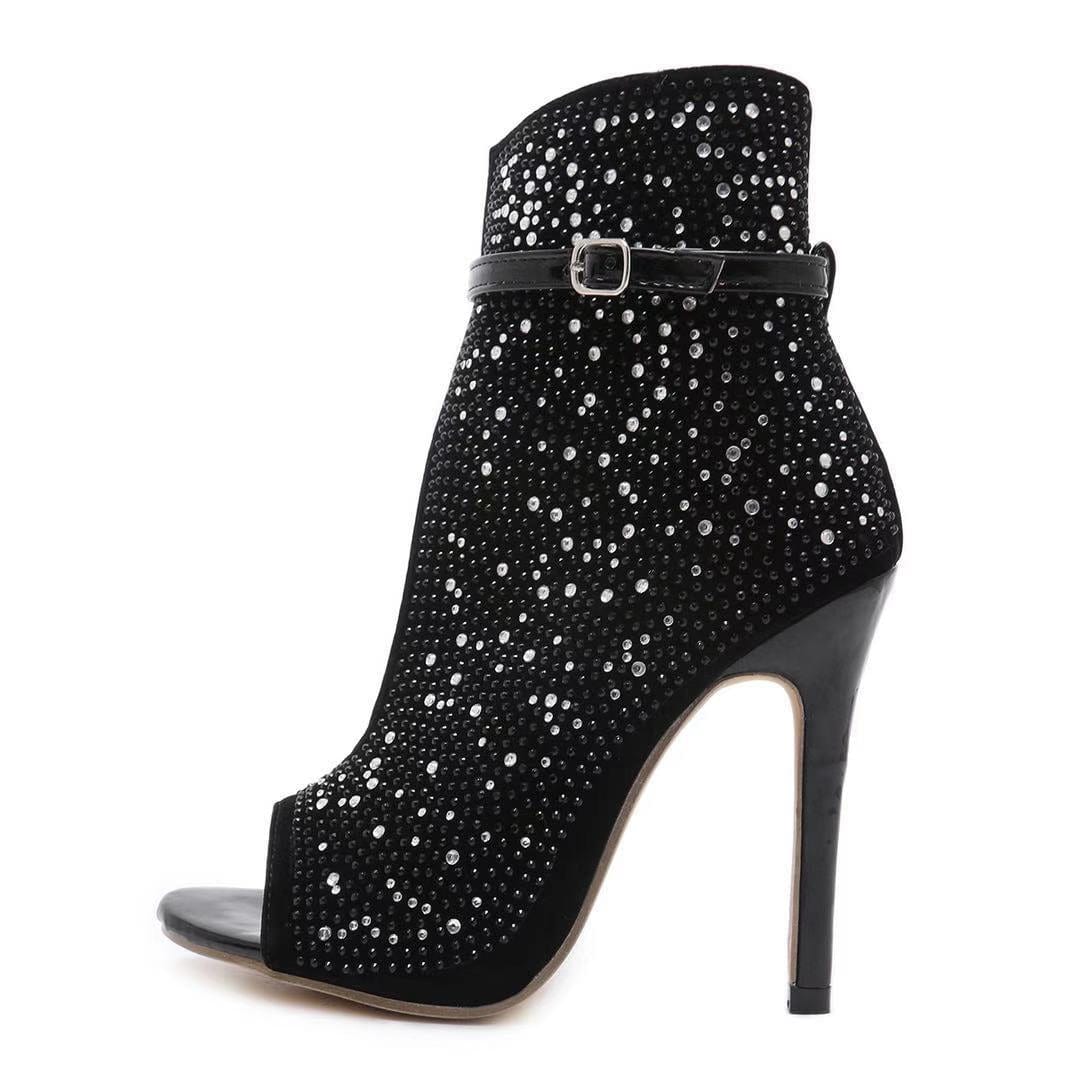 10.5 / Black New Arrival Elegant PU Leather Rhinestone High Heels Shoes Fashion Sexy Plus Size Open Toe Sandals for Women and Ladies