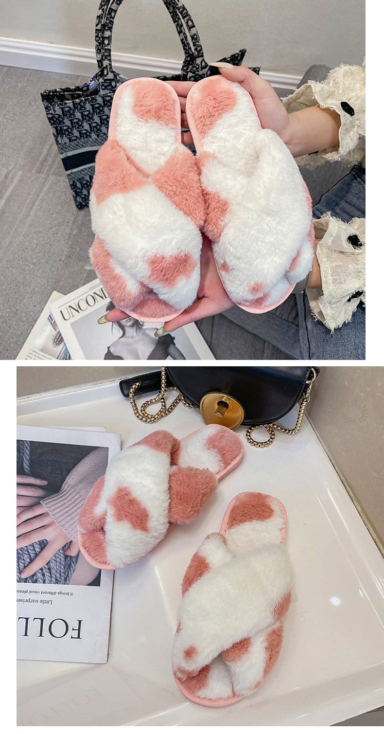 10.5 (EUR Size 42-43) / Pink New Design Luxury Mixed Colors Furry Warm Women Slippers Cross Strap Round Toe Open Toe Softy Sole Plush Sandals