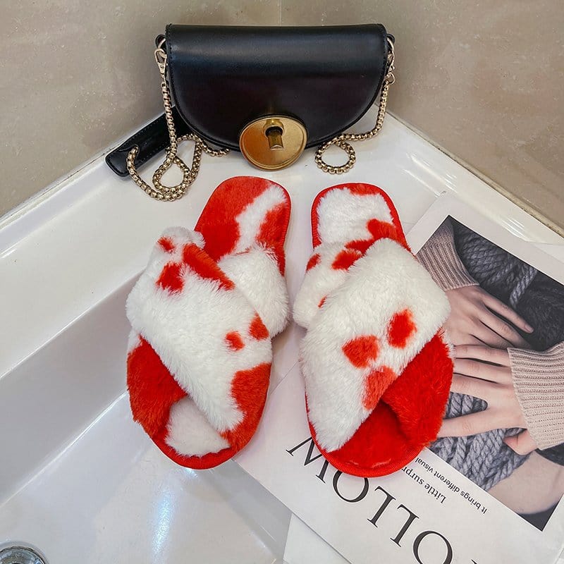 10.5 (EUR Size 42-43) / Red New Design Luxury Mixed Colors Furry Warm Women Slippers Cross Strap Round Toe Open Toe Softy Sole Plush Sandals
