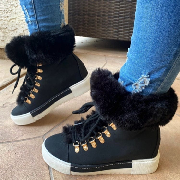 10.5 (EUR Size 43) / Black New Fashion Women Boots Winter Snow Short Boots Fur Cotton Shoes Lace up Wedges Shoes Boots for Women