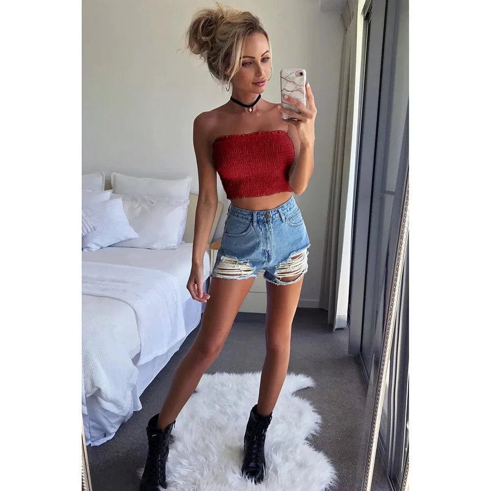 10 Color Summer Sexy Club Tops Women Short Fitness Tank Sexy Strapless Elastic Sleeveless Vest Off Shoulder Top Tees