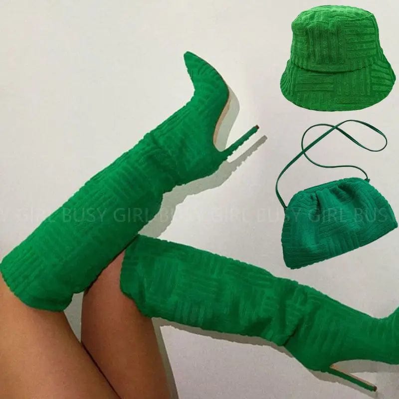 10 / green BUSY GIRL LQ41001 Knee high boots for women hat handbag stiletto high heels shoes towel boots women matching boots and bag set