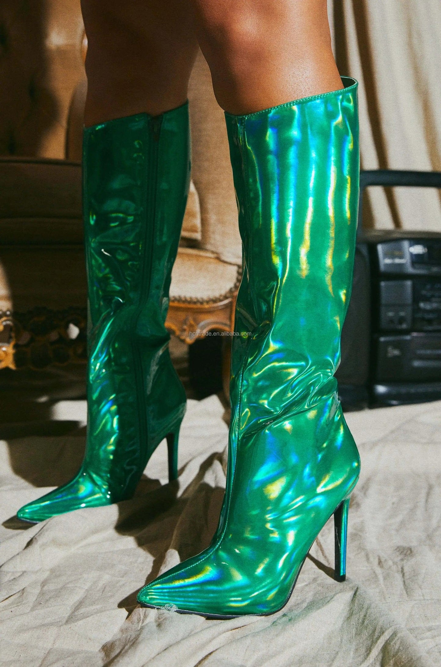 10 / green BUSY GIRL XSD4400 Knee High Boots For Women Blue Green Mirror Patent Leather Pointed Toe 2023 New Stiletto High Heels For Ladies