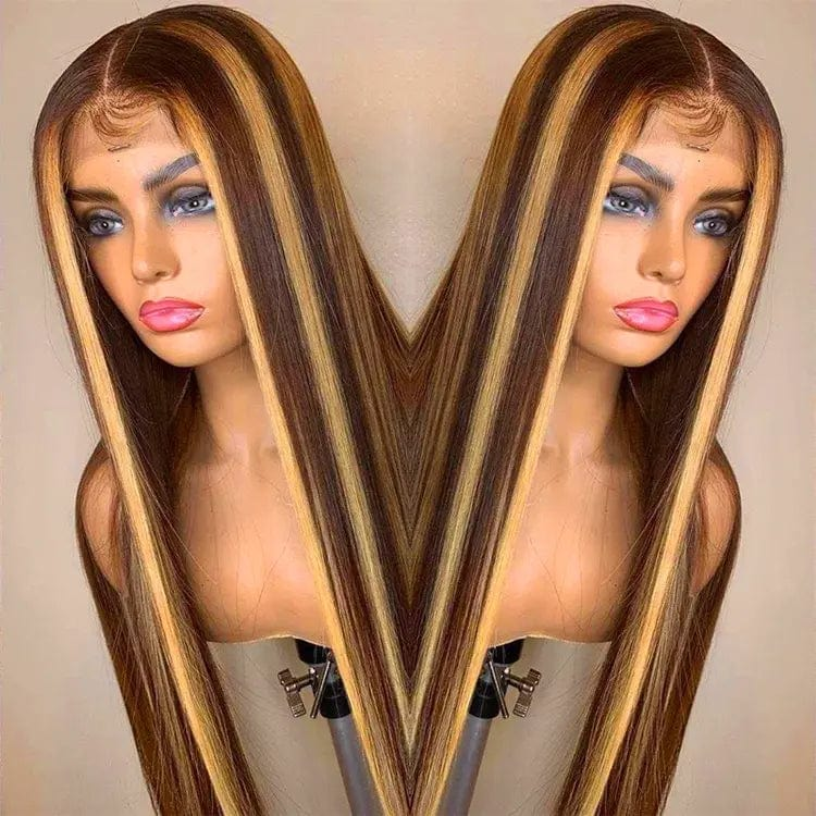10 Inches / 4*4 wig Invisible Knots Honey Brown Blonde Highlight Color Human Hair