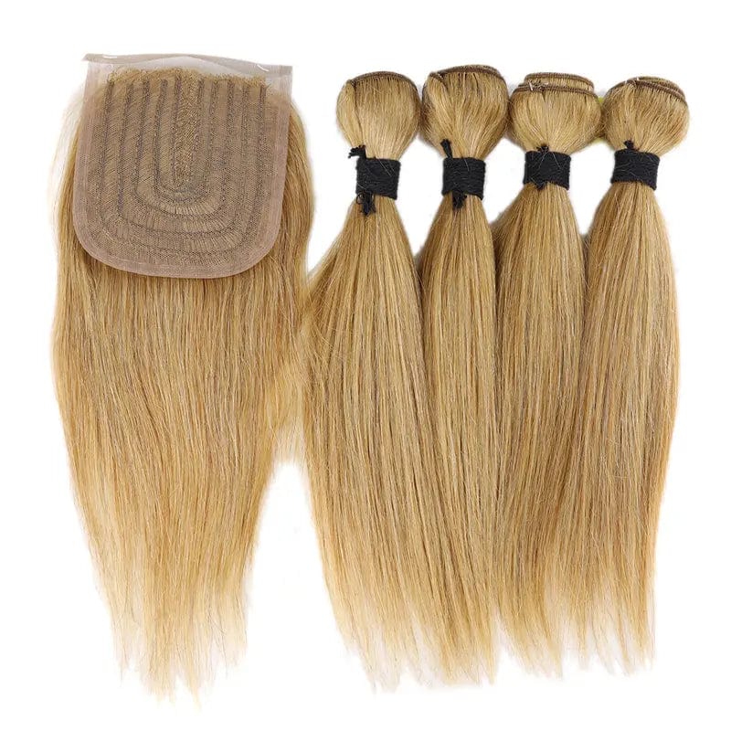10 inches (4pcs bundle + 1 pc closure) / 27# Ombre red brown blond color Hair