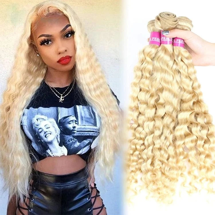 10 Inches / 613# deep wave Wholesale Brazilian Human Hair Bundles,Straight 613 Virgin Hair Bundles Weaves,Raw Virgin Blonde Hair Bundles