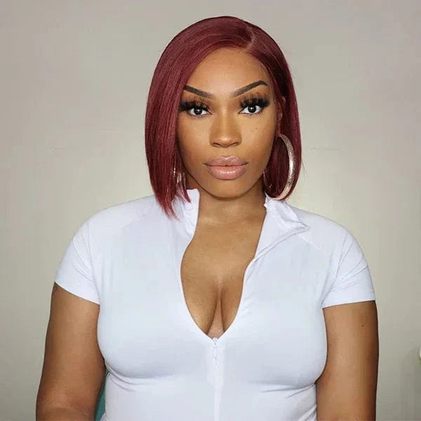 10 Inches / 99J Short 99J Colored Virgin Lace Front Human Hair Wigs straight Burgundy 13X4 Transparent Lace Frontal Wig Wine Red Wig For Women