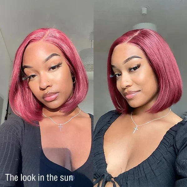 10 Inches / 99J Short 99J Colored Virgin Lace Front Human Hair Wigs straight Burgundy 13X4 Transparent Lace Frontal Wig Wine Red Wig For Women