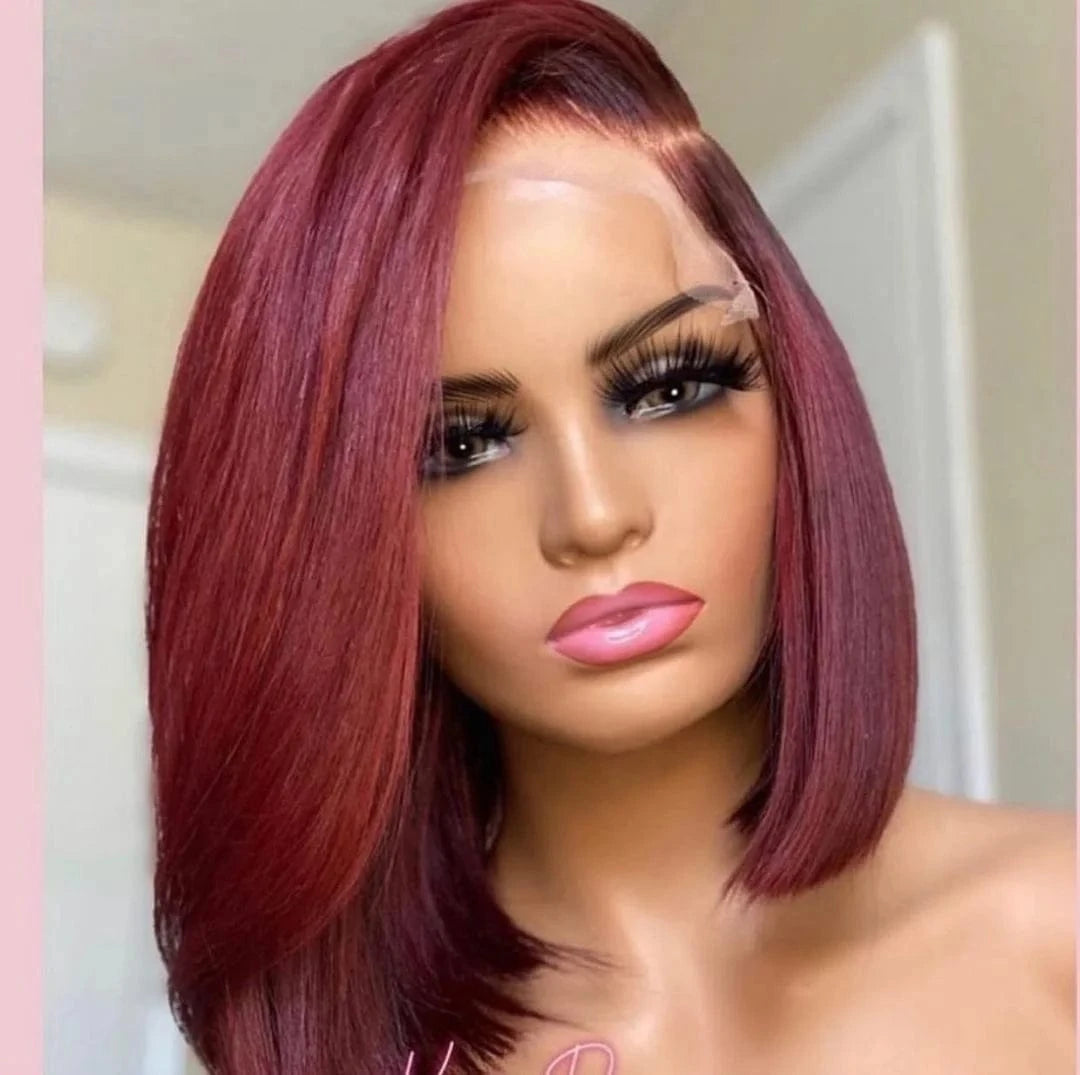 10 Inches / 99J Short 99J Colored Virgin Lace Front Human Hair Wigs straight Burgundy 13X4 Transparent Lace Frontal Wig Wine Red Wig For Women