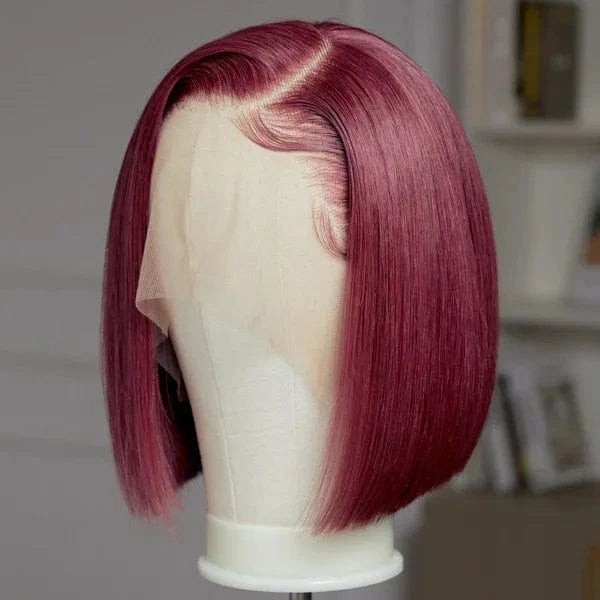 10 Inches / 99J Short 99J Colored Virgin Lace Front Human Hair Wigs straight Burgundy 13X4 Transparent Lace Frontal Wig Wine Red Wig For Women