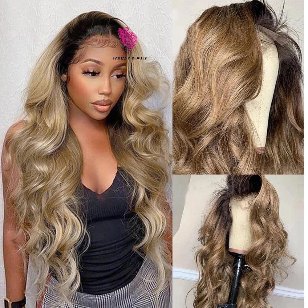 10 Inches / as pic color 180% density Body Wave Ombre Colored Human Hair Wigs Pre Plucked Brazilian Brown Ash Blonde 5x5 Lace Closure Wig Loose Wave With Baby Hair