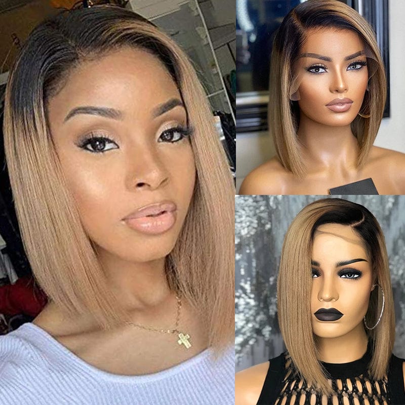 10 Inches / Black ombre browm Bob Wig Lace Front Human Hair Ombre Colorful Brazilian Virgin Cuticle Aligned Short Hair Transparent Lace wigs