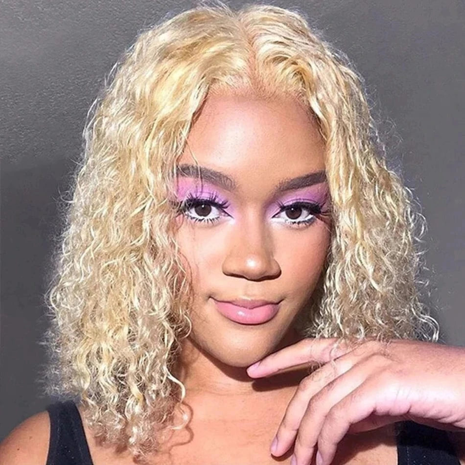 10 Inches / blonde color 180% density transparent lace 13*4 water Bob wig 180% Brazilian Virgin Hair HD Lace Front Bob Wig