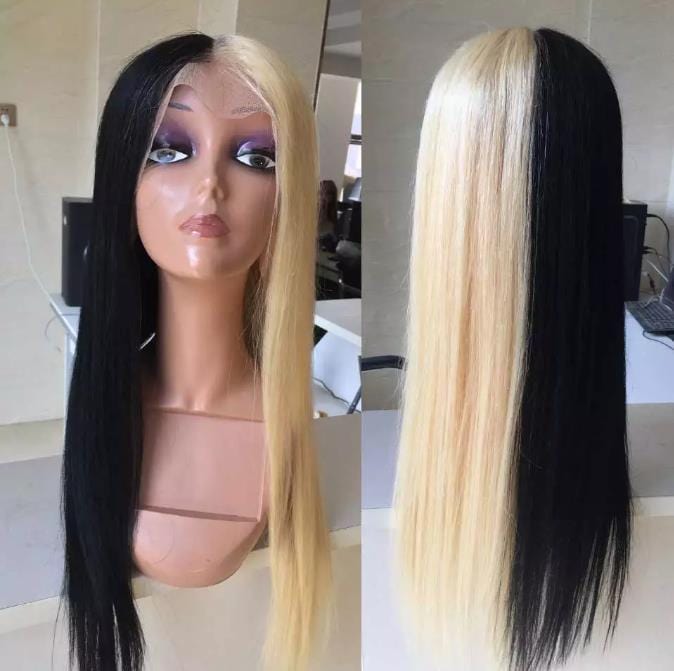 10 Inches / Half Blonde Half Black Sexy New Design Half Blonde 613 Half Black Hand Made Human Hair Front Lace Wig Baby Hair 150% Density Lace Front Wig For Women