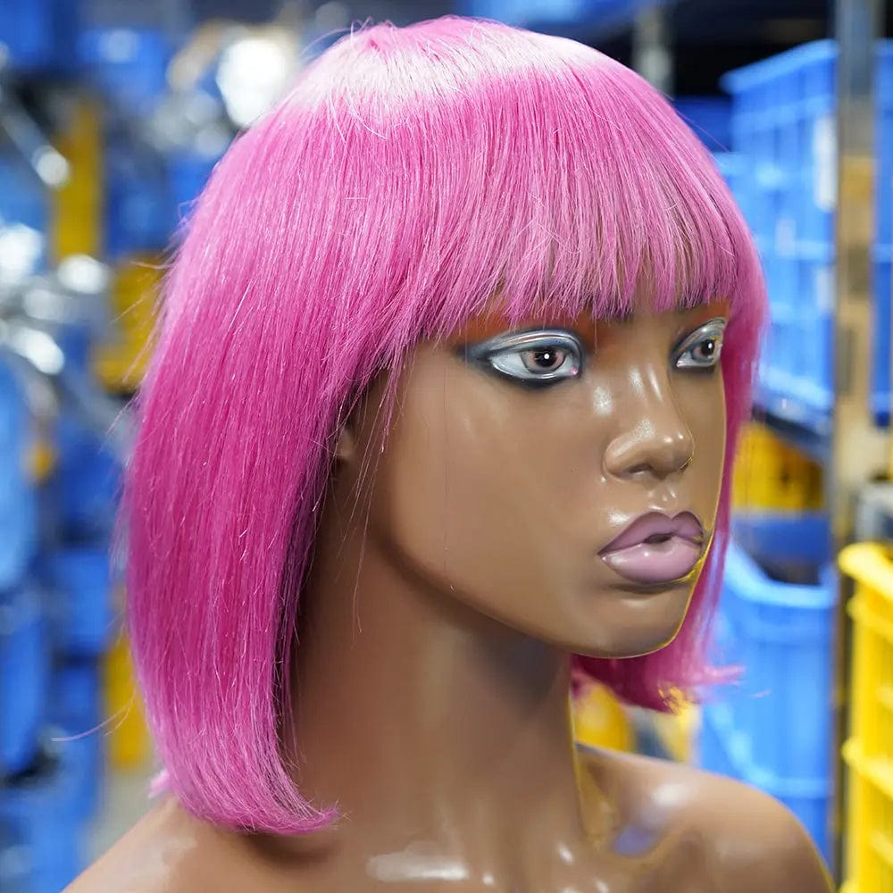 10 Inches / Pink Wig with Fringe Human Hair Bob Lace Wigs Vendor,Red Orange Pink Purple Cut Bob Wigs With Bang,Wigs Rose Red Pink Bobs Hair 100%human