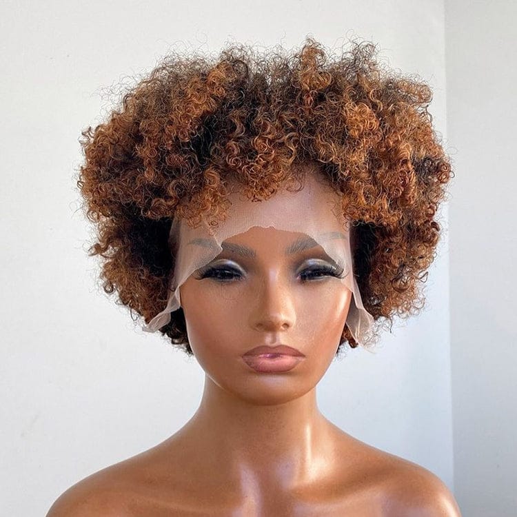 10 Inches / T part lace wig pixie curly Indian virgin full lace wig brown deep curly wig highlights natural long human hair Brown highlight pixie curly wig