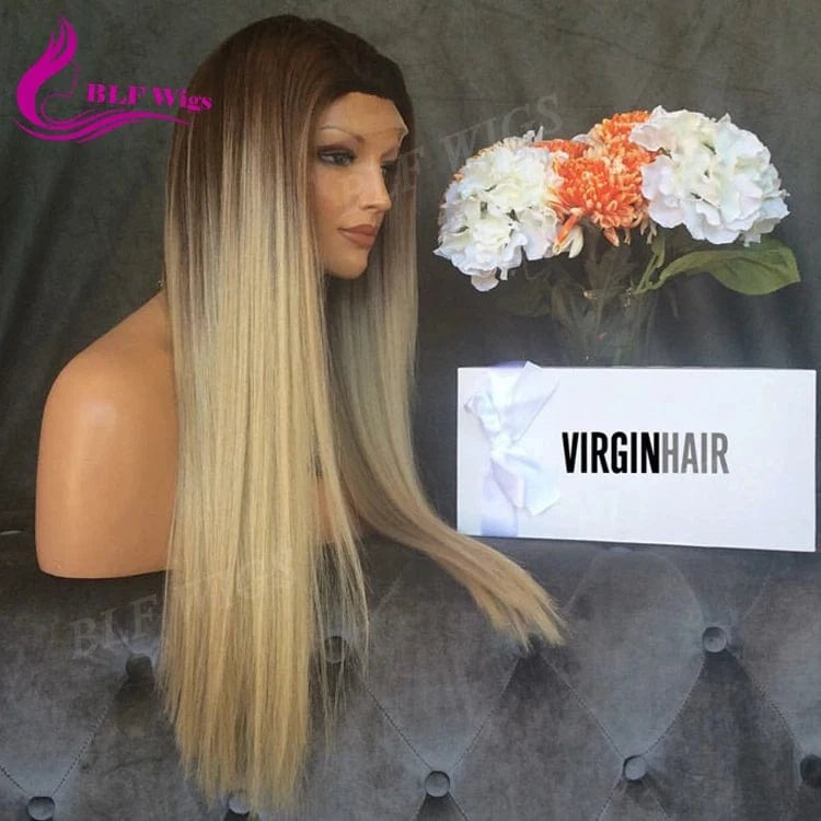 10 Inches / two tone Dark Brown Root To Blonde Two Tone Wigs, Peruvian Wigs Lace Front Virgin Human Hair, Glueless Hd Lace Front Wig