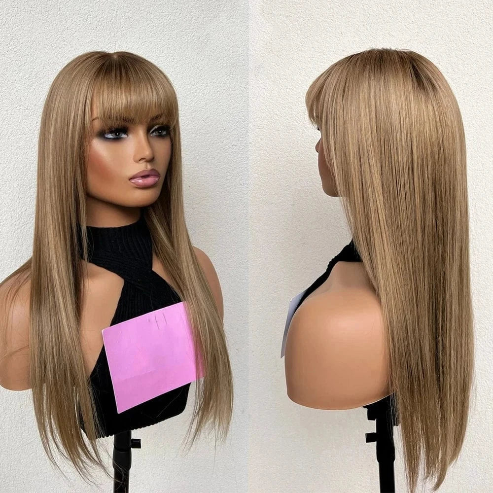 10 Inches / Wig 1 Glueless Middle Part Ash Brown Color Long Straight Virgin European Cuticle Aligned Human Hair Swiss Lace Front Wigs With Bang