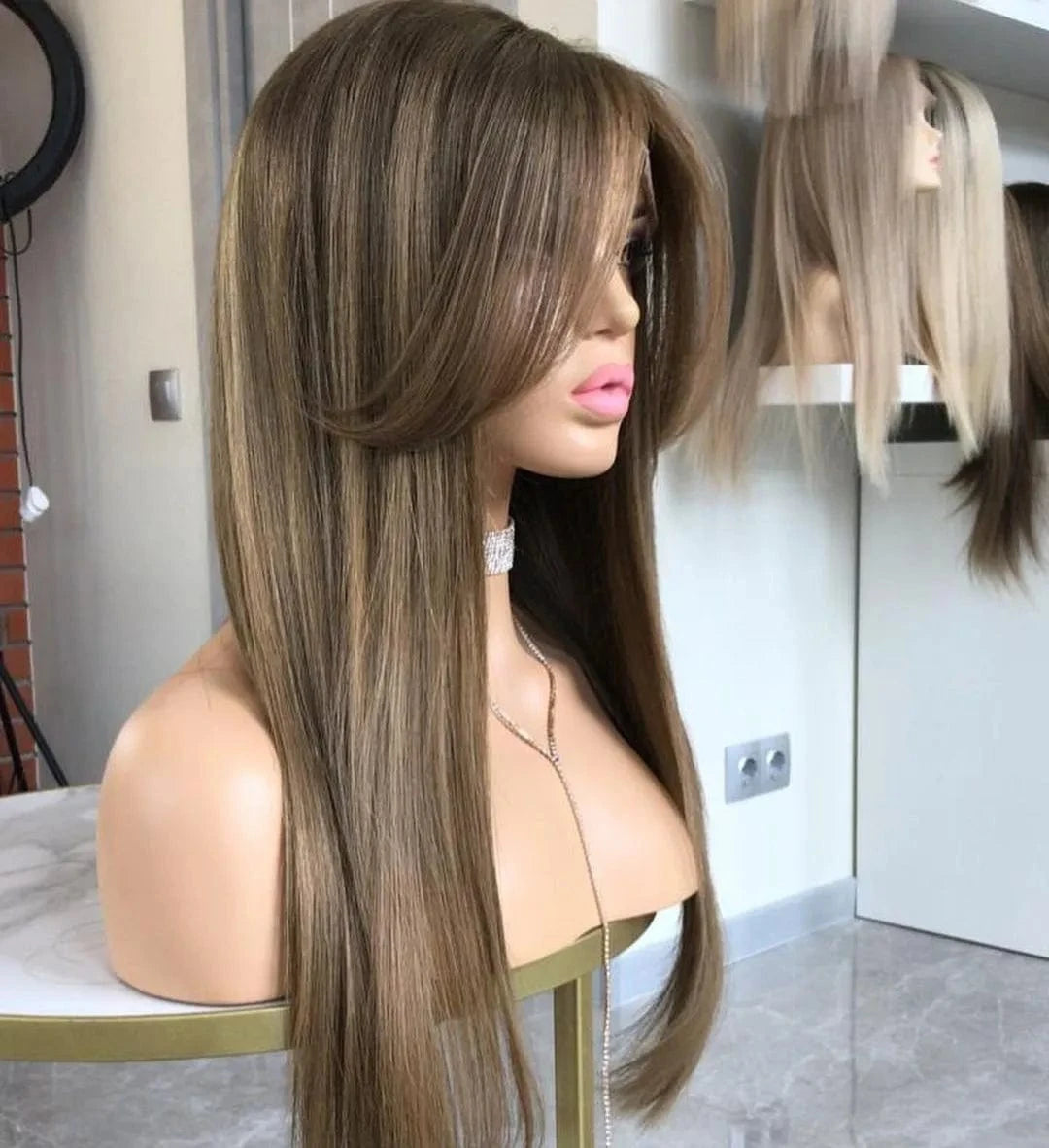 10 Inches / Wig 3 Glueless Middle Part Ash Brown Color Long Straight Virgin European Cuticle Aligned Human Hair Swiss Lace Front Wigs With Bang