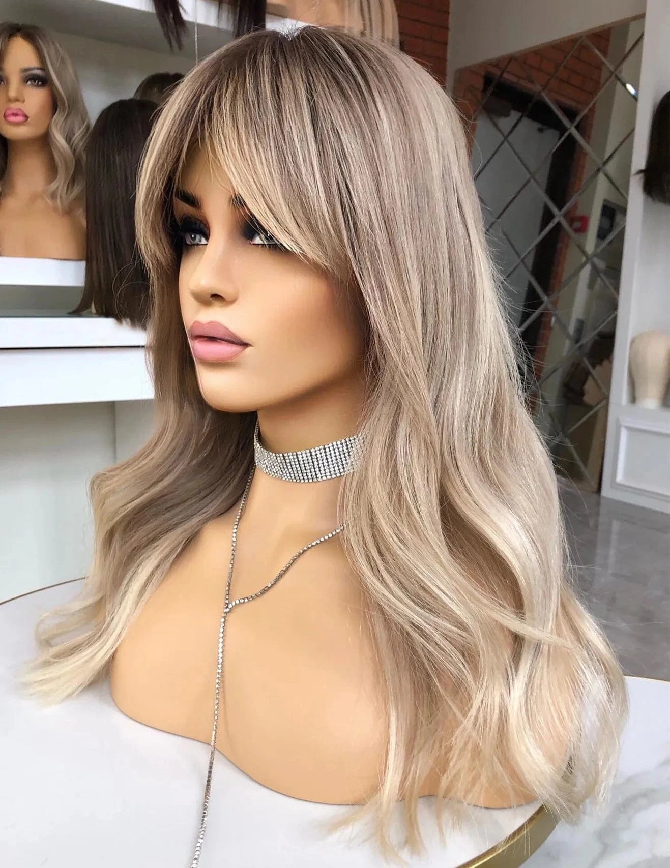 10 Inches / Wig 4 Glueless Middle Part Ash Brown Color Long Straight Virgin European Cuticle Aligned Human Hair Swiss Lace Front Wigs With Bang