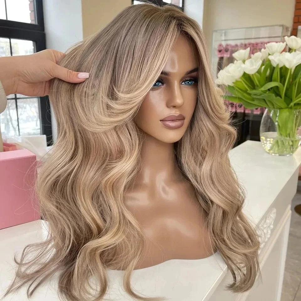 10 Inches / Wig 6 Glueless Middle Part Ash Brown Color Long Straight Virgin European Cuticle Aligned Human Hair Swiss Lace Front Wigs With Bang