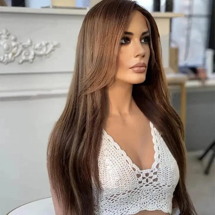 10 Inches / Wig 7 Glueless Middle Part Ash Brown Color Long Straight Virgin European Cuticle Aligned Human Hair Swiss Lace Front Wigs With Bang