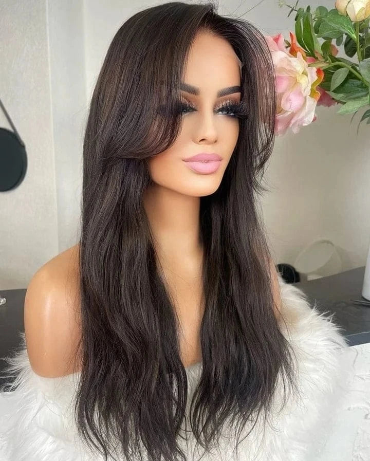 10 Inches / Wig 8 Glueless Middle Part Ash Brown Color Long Straight Virgin European Cuticle Aligned Human Hair Swiss Lace Front Wigs With Bang
