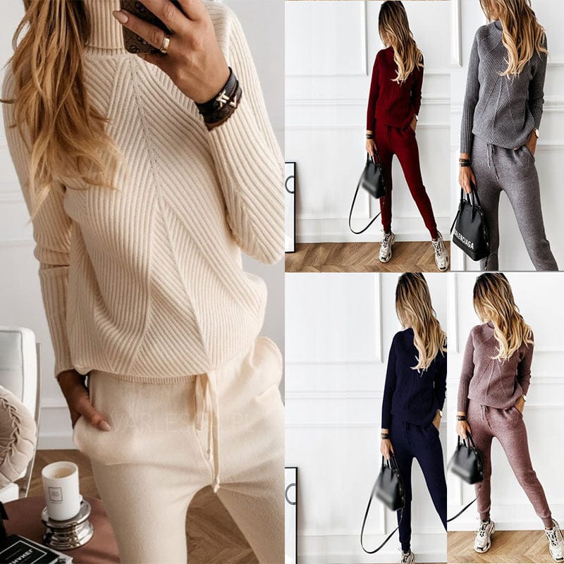 10%OFF Autumn Winter Women's Knit tracksuit Solid Color Striped Turtleneck Sweater and Elastic Trousers Two Piece Set