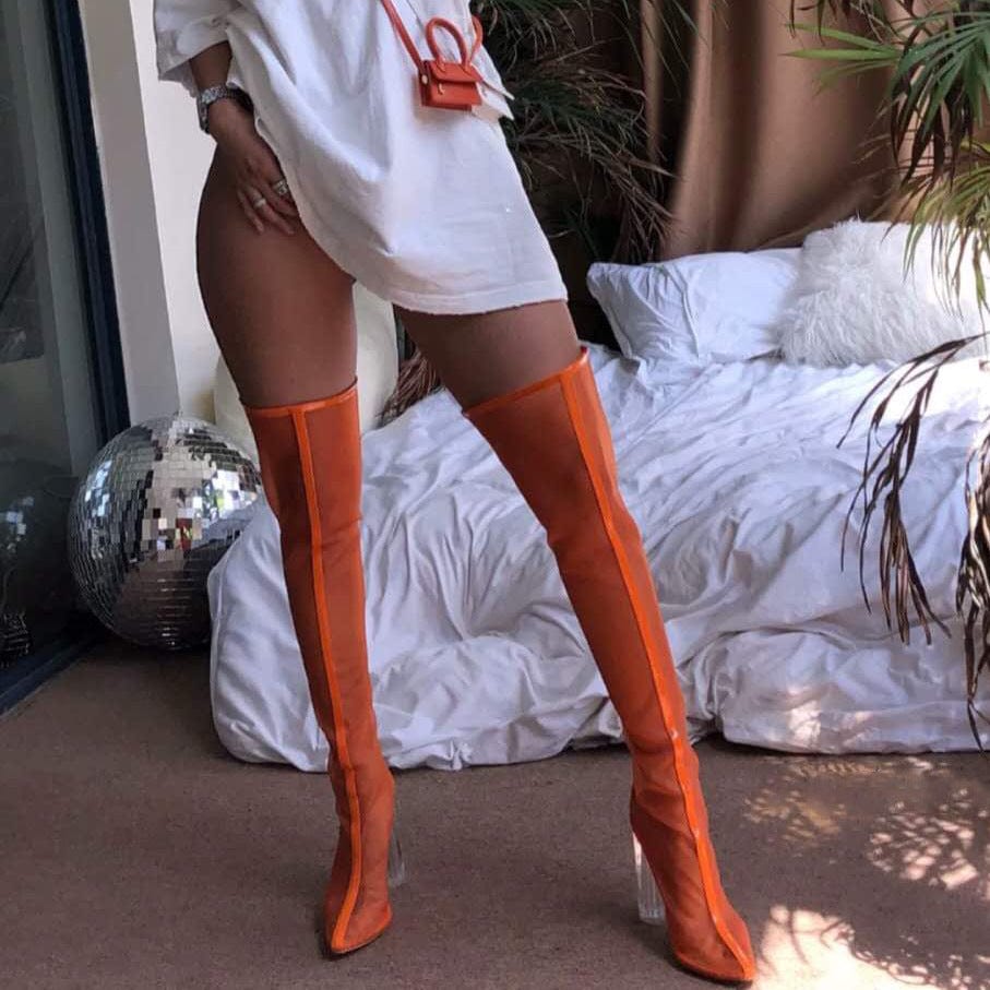 10 / Orange TX personalized plus size sexy mesh clear chunky heels classic pointy toe stilettos shoes long over knee high boots for women