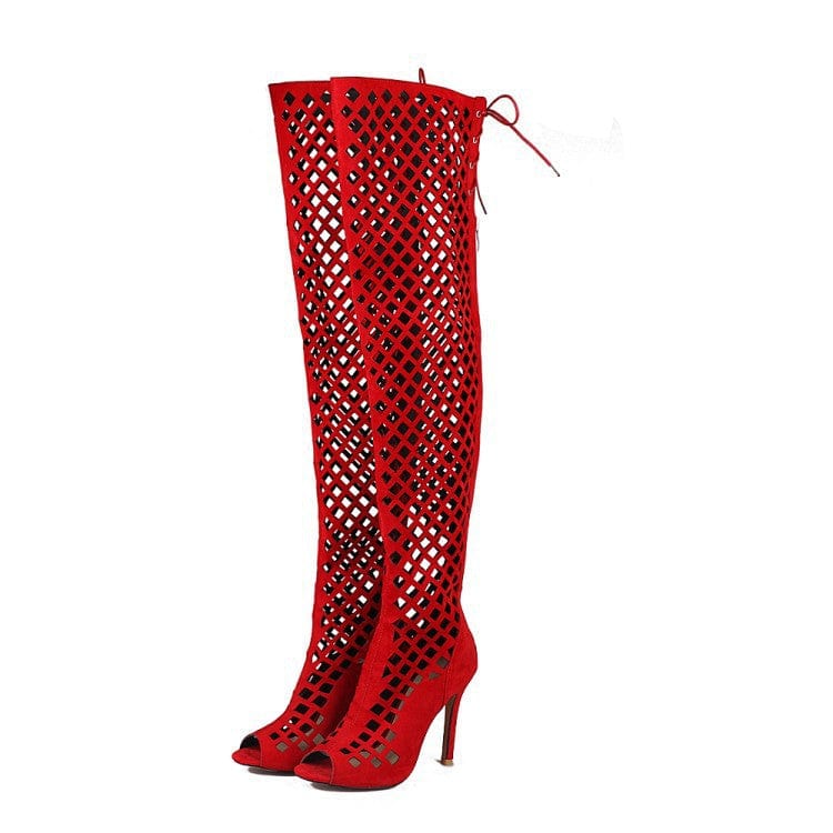 10 / Red TX fashion new sexy women's hollow out thin heeled sandals solid color net peep toe over knee thigh long ladies boots